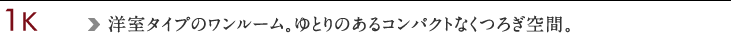 1K 洋室タイプのワンルーム。ゆとりのあるコンパクトなくつろぎ空間。