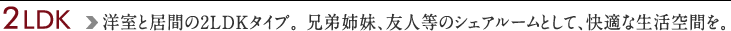 2LDK 洋室と居間の2LDKタイプ。 兄弟姉妹、友人等のシェアルームとして、快適な生活空間を。